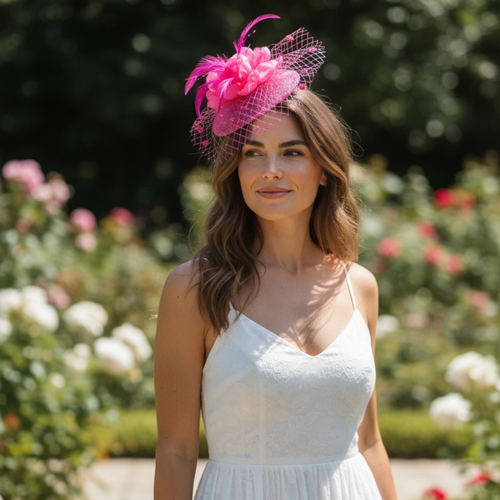 Elegant Fushia Pink Feather & Mesh Fascinator Hat with Hair Clip - Picture 4 of 6